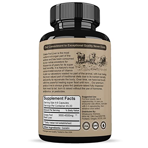 Grass Fed Desiccated Beef Liver Capsules (180 Pills, 750mg Each) - Natural Iron, Vitamin A Wholesome WellnessAu supplements
