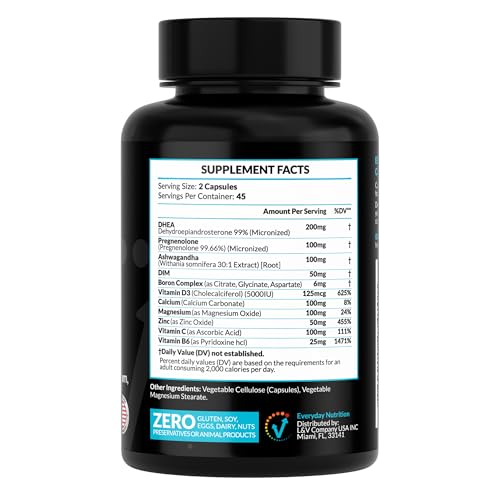 DHEA Micronized 200mg Complex with Pregnenolone 100mg Supplement for Men & Women with Ashwagandha, DIM, Magnesium, Boron, Calcium , Zinc, Vitamin D3, C and B6 Hormone Support - Made in USA 90 Capsules EVERYDAY NUTRITIONAu supplements