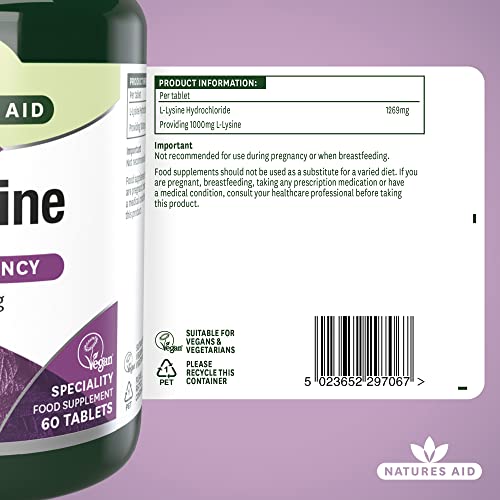 Natures Aid L-Lysine 1000 mg, High Potency Essential Amino Acid, Vegan, 60 Tablets natures aidUS supplements