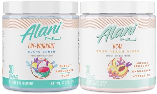Alani Nu Island Crush Pre Workout and BCAA Sour Peach Rings Post Workout Powder Alani NuUS supplements