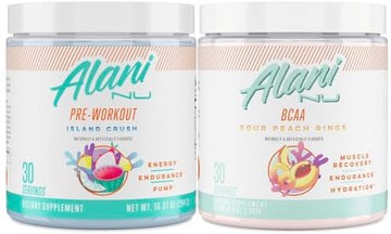 Alani Nu Island Crush Pre Workout and BCAA Sour Peach Rings Post Workout Powder Alani NuAu supplements