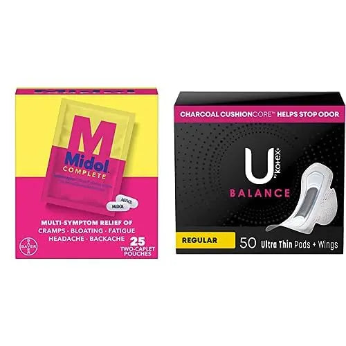Midol Woman-on-The-Go Period Essentials Complete On The Go Menstrual Pain Relief Caplets, 50ct (25 Pouches of 2) & U by Kotex Balance Ultra Thin Pads Regular Absorbency 50ct MidolAu supplements