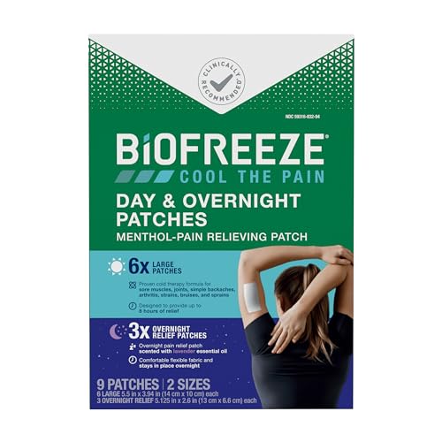 Biofreeze Day & Overnight Pain Relief Patches, Menthol Pain Patches for Arthritis & Muscle Pain Relief, Comfortable & Flexible Fabric Stays in Place, 9 Patches (6 Day, 3 Night) BiofreezeAu supplements