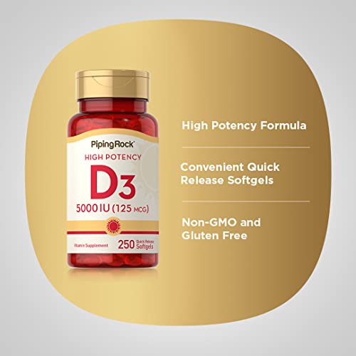 Piping Rock Vitamin D3 5000 IU | 250 Softgels | High Potency Supplement | Non-GMO Piping RockUS supplements