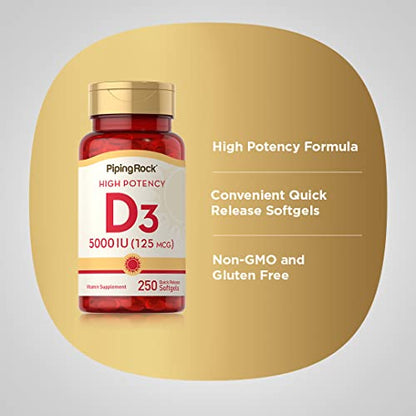 Piping Rock Vitamin D3 5000 IU | 250 Softgels | High Potency Supplement | Non-GMO Piping RockUS supplements