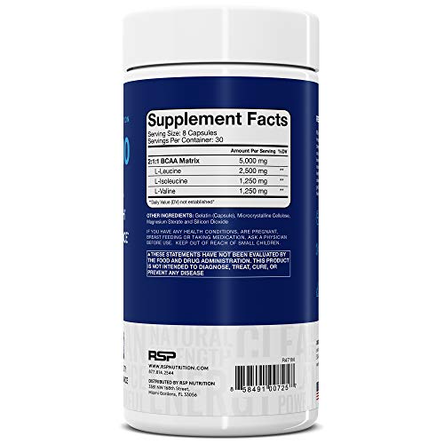 RSP BCAA 5000 (30 Serv), Premium BCAA Capsules for Post Workout Muscle Recovery RSP NUTRITIONUS supplements