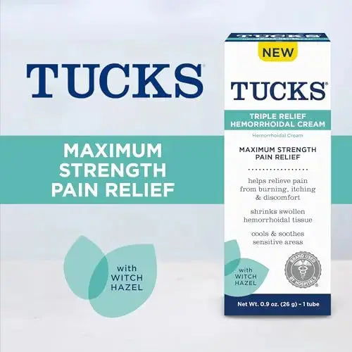 Tucks Triple Relief Hemorrhoidal Cream, Maximum Strength Pain Relief from Burning, Itching and Discomfort, with Witch Hazel, Treatment, Brand Used by Hospitals, 0.9oz. (26g) TUCKSAu supplements
