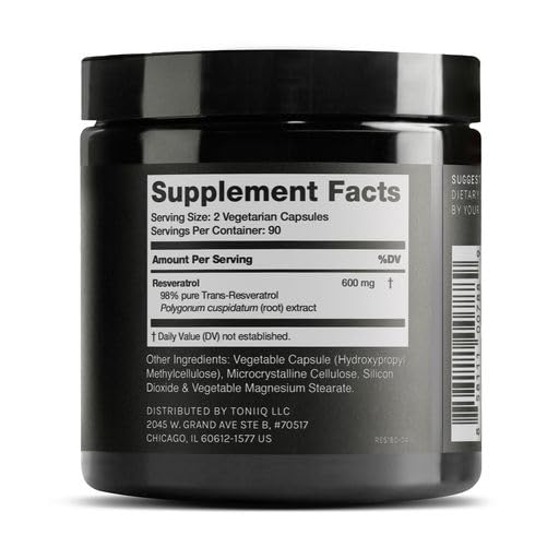 Toniiq Ultra High Purity Resveratrol Capsules - 98% Trans-Resveratrol - Highly Purified and Bioavailable - 180 Caps Reservatrol Supplement ToniiqAu supplements