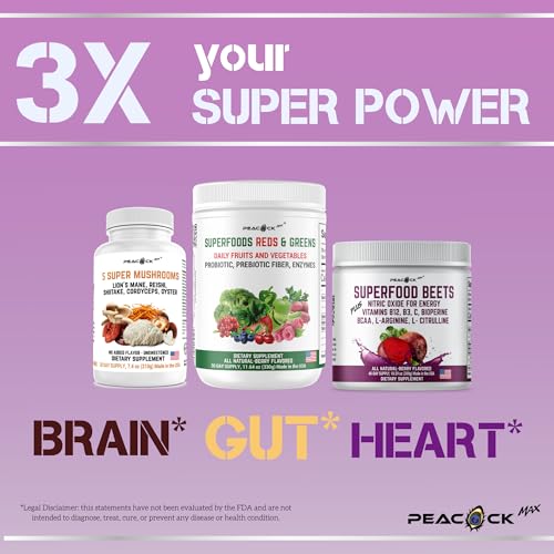 Peacock Max Superfoods Blend Immunity Support Vegan Gluten Free (Beets Nitric Oxide B12 Powder) Peacock MaxAu supplements