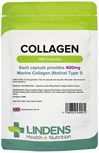 Lindens Collagen (Marine) 400mg Capsules 360 Pack - UK Manufacturer, Letterbox Friendly LindensUS supplements