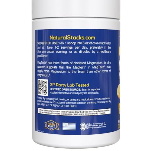 Magtein Magnesium L-Threonate, Glycinate & Taurate - MagTech Magnesium Powder - Sugar Free Lemonade Drink - 200mg Chelated Triple Complex - Supports Relaxation & Brain Health* - 30 Servings NATURAL STACKSAu supplements