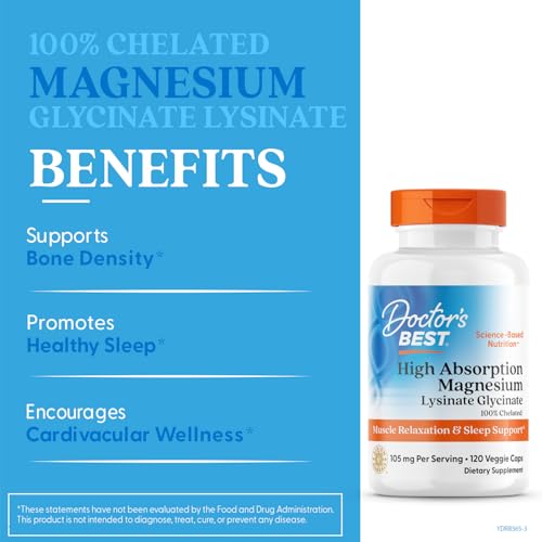 Doctor's Best High Absorption Magnesium Glycinate Lysinate Supplement for Sleep Support - Chelated Magnesium Capsules for Women & Men, 105 mg per Serving, Calm Support, Vegan - 120 Veg Caps Doctor's BESTAu supplements