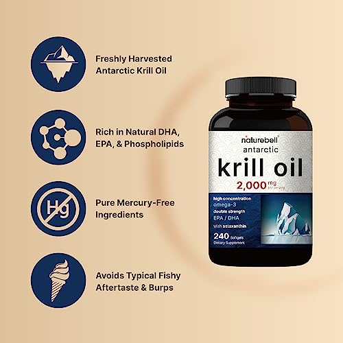Antarctic Krill Oil 2000mg Supplement, 240 Softgels, 3X Strength Natural Source of Omega NatureBellUS supplements