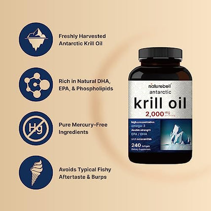 Antarctic Krill Oil 2000mg Supplement, 240 Softgels, 3X Strength Natural Source of Omega NatureBellUS supplements
