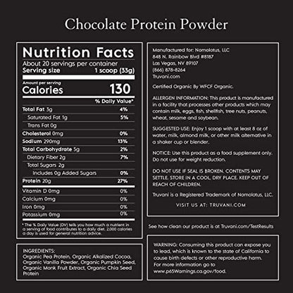 Truvani Organic Vegan Protein Powder Chocolate - 20g of Plant Based Protein, Organic TruvaniUS supplements