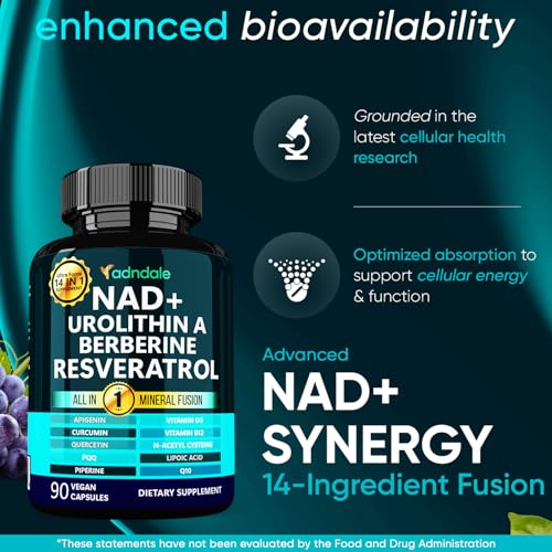 Adndale NAD Supplement. Longevity Formula with Liposomal NAD+, Trans Resveratrol, Urolithin-A, Berberine, CoQ10. NMN Supplement Alternative. 90 Count AdndaleAu supplements
