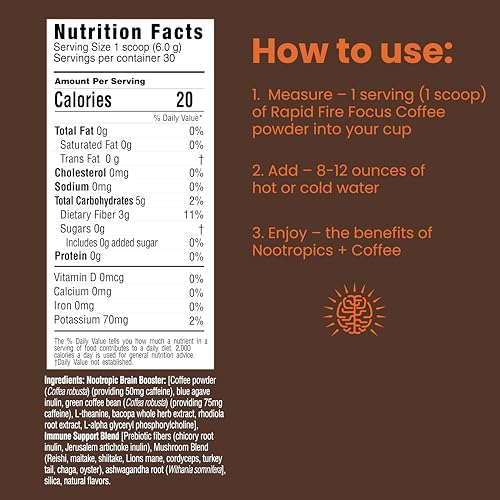 Focus Coffee Mushroom Blend, Nootropic Complex Coffee, Supports Alertness and Clarity, (Lion’s Mane, Cordyceps, Turkey Tail) Green Coffee Bean Instant Coffee for Focus & Gut Health, 30 Servings Rapid FireAu supplements