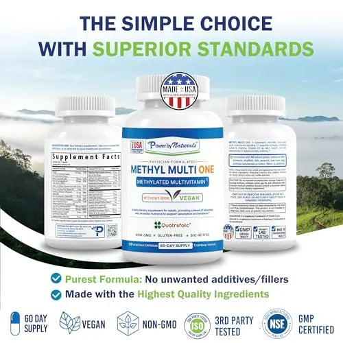 Power By Naturals Methyl Multi One - Iron-Free Methylated Multivitamin with Quatrefolic 5-MTHF, Active B12, P5P, CoQ10 & Zinc for MTHFR Support Power By NaturalsAu supplements