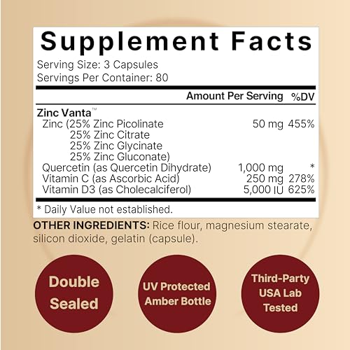 NatureBell Zinc Quercetin with Vitamin C & D3, 240 Capsules | Quercetin 1,000mg, 4 in 1 Zinc 50mg, Vitamin C 250mg, Vitamin D3 5,000 IU – ZincVanta Advanced Immune Defense & Lung Support NatureBellAu supplements