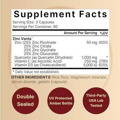 NatureBell Zinc Quercetin with Vitamin C & D3, 240 Capsules | Quercetin 1,000mg, 4 in 1 Zinc 50mg, Vitamin C 250mg, Vitamin D3 5,000 IU – ZincVanta Advanced Immune Defense & Lung Support NatureBellUS supplements