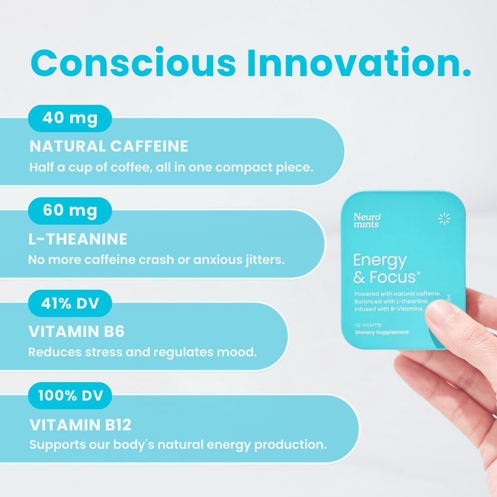 Neuro Energy & Focus Mints - Sugar Free Breath Mints with 40mg Natural Caffeine, B Vitamins & L-Theanine - Vegan Brain Supplement for Exercise, Study & Daily Focus - Peppermint, 72 ct NeuroAu supplements