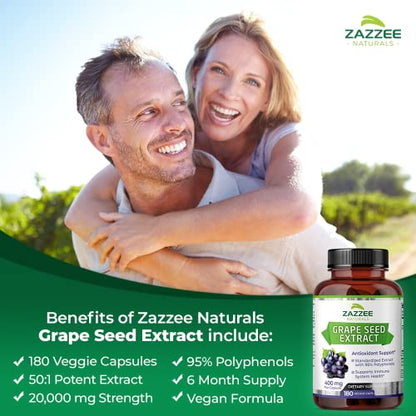 Zazzee High Strength Grape Seed 50:1 Extract, 20,000 mg Strength, 180 Vegan Capsules ZazzeeUS supplements
