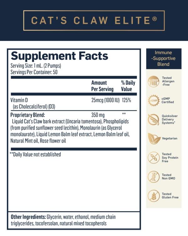 Quicksilver Scientific Nanoemulsified Cat's Claw - Liquid Immune Support Supplement with Uncaria tomentosa, 1000 IU Vitamin D + Monolaurin - Vegan + Superior Liposomal Absorption (1.7oz / 50ml) Quicksilver ScientificUS supplements