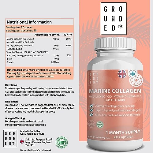 Hydrolysed Marine Collagen 700mg with Hyaluronic Acid, Vitamin C, Vitamin E, Copper & Biotin G R O U N D E D COFFEE SCRUBAu supplements