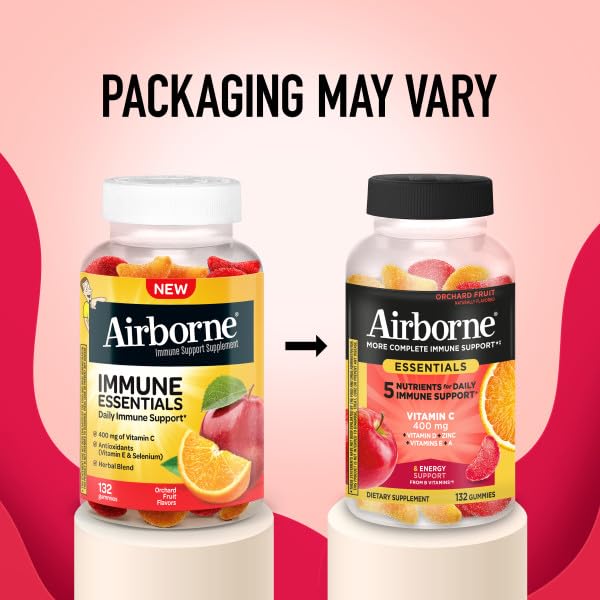 Airborne 400mg Vitamin C Gummies for Adults & Children, Immune Essentials Daily Immune Support Supplement with Vitamins C & E - Orchard Fruit Flavor, 132 Gummies (Pack of 2) AirborneAu supplements