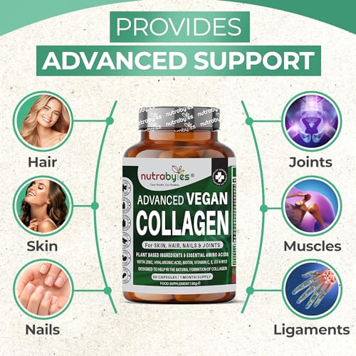 Vegan Collagen Supplement For Skin, Hair, Nails, Joints & Bones with Hyaluronic Acid, Biotin, Lysine, Bamboo Silica, Zinc, Vitamin C, D3, B12, E NUTRABYTESUS supplements