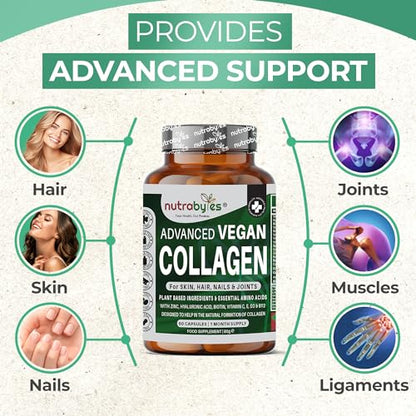 Vegan Collagen Supplement For Skin, Hair, Nails, Joints & Bones with Hyaluronic Acid, Biotin, Lysine, Bamboo Silica, Zinc, Vitamin C, D3, B12, E NUTRABYTESUS supplements