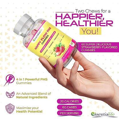 Happy Flow Strawberry-Flavor Chewable PMS Gummies | Hormone Balance Chasteberry EssentialifeUS supplements