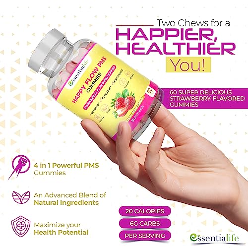 Happy Flow Strawberry-Flavor Chewable PMS Gummies | Hormone Balance Chasteberry EssentialifeAu supplements