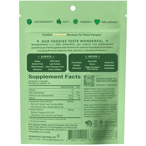 Plant People WonderGreens Veggie Gummies Super Greens with Probiotics Multivitamin Support Gummy for Wellbeing, Energy, Immune and Gut Health, Green Apple Flavor (60 Count) Plant PeopleAu supplements