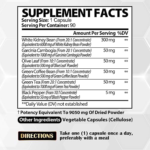 Pure White Kidney Bean Extract Capsules - 6 Herbal Ingredients 9050 mg Equivalent SatoomiUS supplements