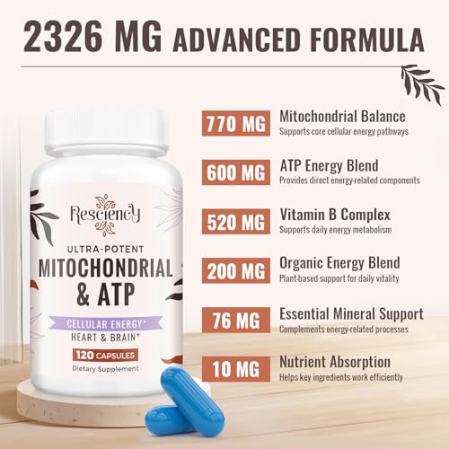 Resciency 2326 MG Mitochondrial Supplements with ATP, Vitamins, CoQ10 & PQQ, More Effective Than Creatine HMB & Nitric Oxide, Energy, Endurance, Strength, Recovery & Muscle, Organic, 120 Capsules ResciencyAu supplements