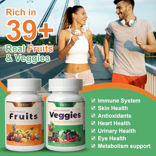 VBTOP Fruit & Vegetable Supplement - Natural Ingredients - 2 Bottles - 180 Capsules Total | A Blend of 20+19 Natural Whole Fruits & Vegetables, a Fresh superfood Formula Rich in Vitamins and Minerals VBTOPAu supplements