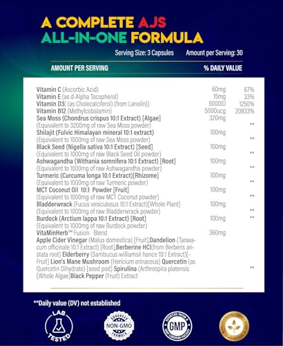 AJS Sea Moss Capsules 3200Mg, Shilajit 1000Mg with Black Seed Oil, Ashwagandha AJS NutritionUS supplements