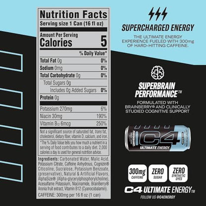 C4 Ultimate Sugar Free Energy Drink 16oz (Pack of 12) | Arctic Snow Cone | Pre Workout CellucorUS supplements