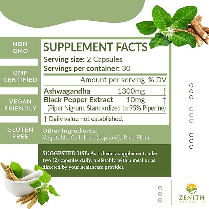 Zenith Vitality Ashwagandha 1300mg Capsules – Stress Relief & Cortisol Support, Immune & Energy Boost, Mental Clarity, Herbal Adaptogen Supplement – 60 Count Zenith VitalityAu supplements