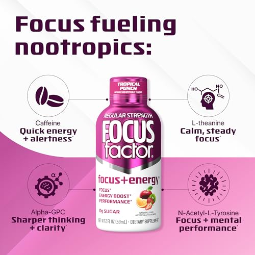 Focus Factor Focus + Energy Shots - 12 x 2oz Bottles (Tropical Punch Flavor) - Powered by Nootropics with Caffeine, L-Theanine, Ginkgo, Bacopa, L-Tyrosine, Alpha GPC Focus FactorAu supplements