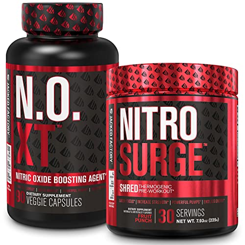 Jacked Factory Nitrosurge Shred Thermogenic Pre-Workout in Fruit Punch & N.O. XT Nitric Jacked FactoryUS supplements