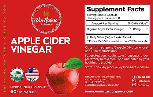 Via Natura Organics Apple Cider Vinegar Capsules 1000mg | Organic Herbal Supplement Via Natura OrganicsUS supplements