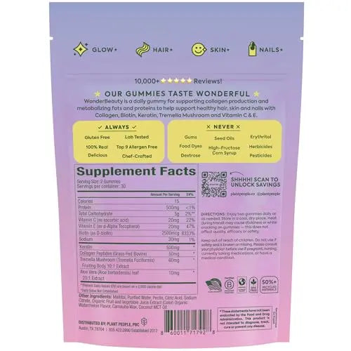Plant People WonderBeauty Hair, Skin & Nails Rejuvenation Gummies with Tremella Mushroom, Marine Collagen Peptides Plant PeopleAu supplements