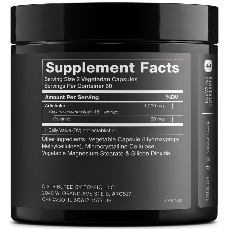 Toniiq Artichoke Extract 15:1 – with 5% Cynarin (60 mg) – 120 Vegan Capsules – Liver & Digestive Support - Lab Tested - Non-GMO ToniiqAu supplements