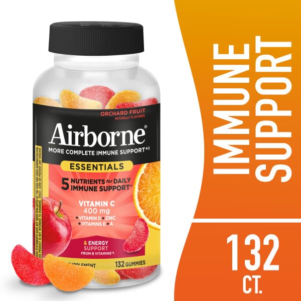 Airborne 400mg Vitamin C Gummies for Adults & Children, Immune Essentials Daily Immune Support Supplement with Vitamins C & E - Orchard Fruit Flavor, 132 Gummies (Pack of 2) AirborneAu supplements