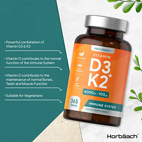 Vitamin D3 K2 High Strength Tablets | 365 Count | Vitamin D3 4000iu and Vitamin K2 MK7 HorbäachUS supplements