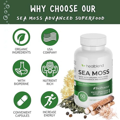 healblend Organic Irish Moss, Bladderwrack, Burdock, & BioPerine - 1405mg with Black Pepper healblendUS supplements