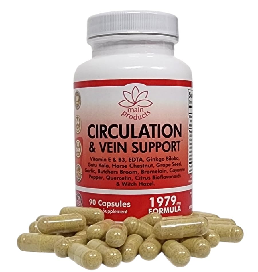 Circulation & Vein Support Supplement - Vitamins E & B3, Ginkgo Biloba, Horse Chestnut, Gotu Kola, Grape Seed, Butcher's Broom & Citrus Bioflavonoids - 1979 mg Formula - 90 Capsules - 30 Days Supply. Main ProductsAu supplements
