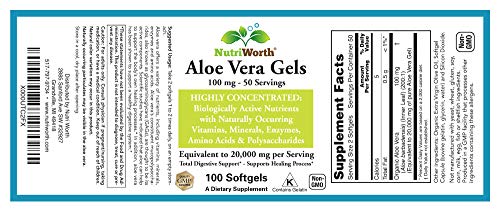 NutriWorth Aloe Vera Supplement (100 Softgels) 20,000mg Pure Gel Equivalency NutriWorthAu supplements